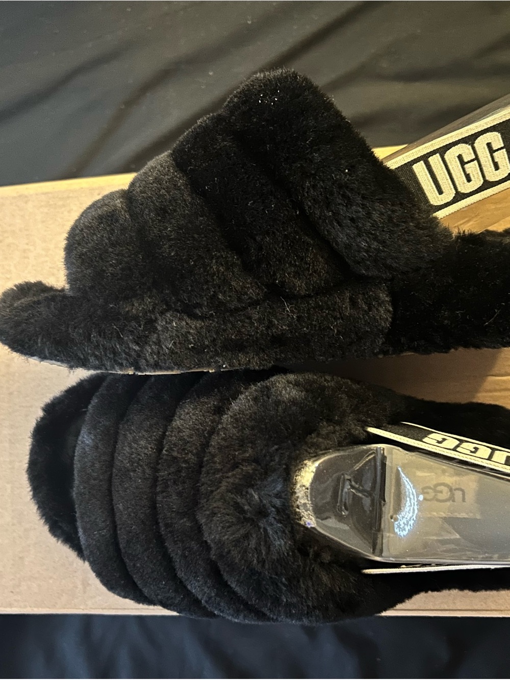 UGG Black Fluff Slide Shearling Slippers - Picture 1 of 4